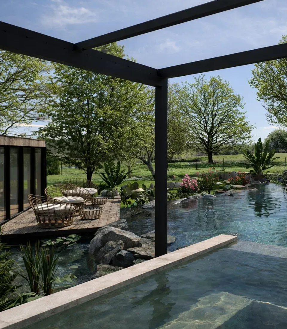 Homefield Grange natural spa garden with outdoor pool, hot tub, planting and countryside views