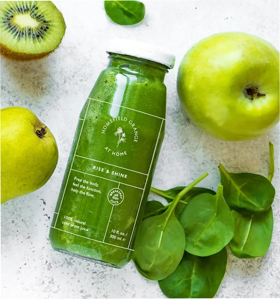 Cold-pressed juice from Homefield Grange at-home detox programme, supporting wellness brand extension and nutrition-led approach