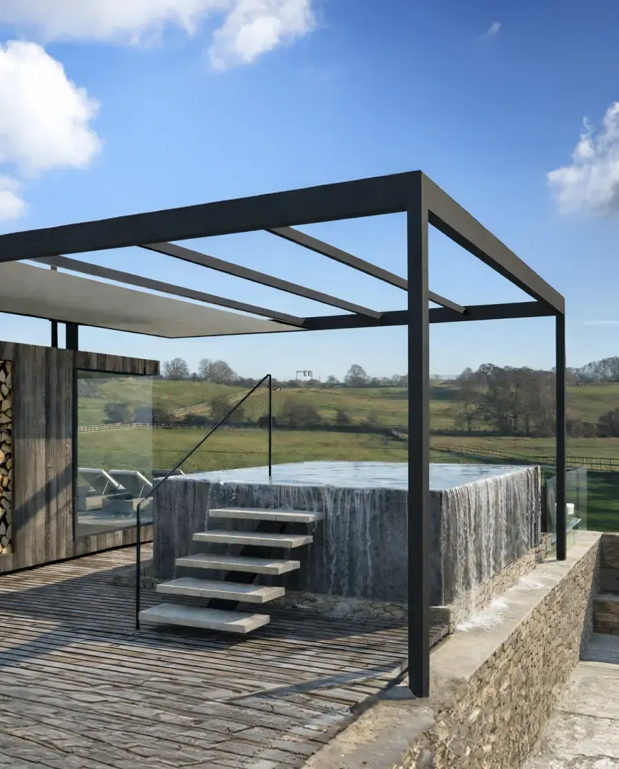 Proposed Alfrespa spa garden at Homefield Grange with outdoor hot tub and covered wellness space