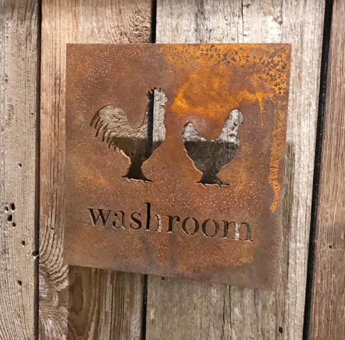 Bespoke rustic washroom signage for Homefield Grange Health & Wellness Spa Retreat