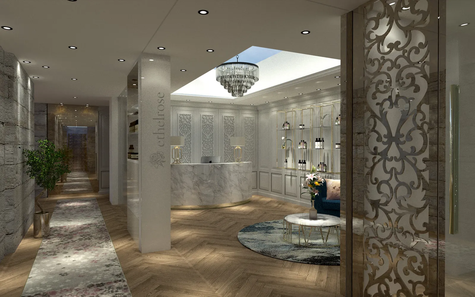 Elegant reception entrance with marble and gold accents in Irish spa retreat
