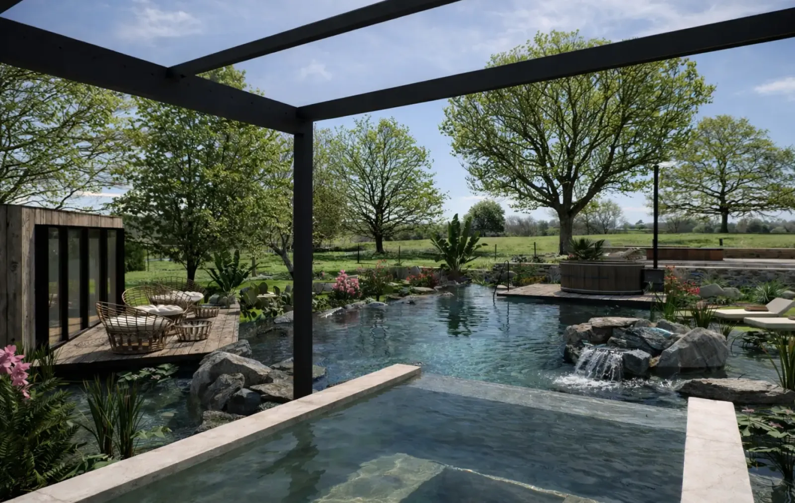 Alfrespa spa garden concept with natural pool and outdoor thermal spa design at Homefield Grange
