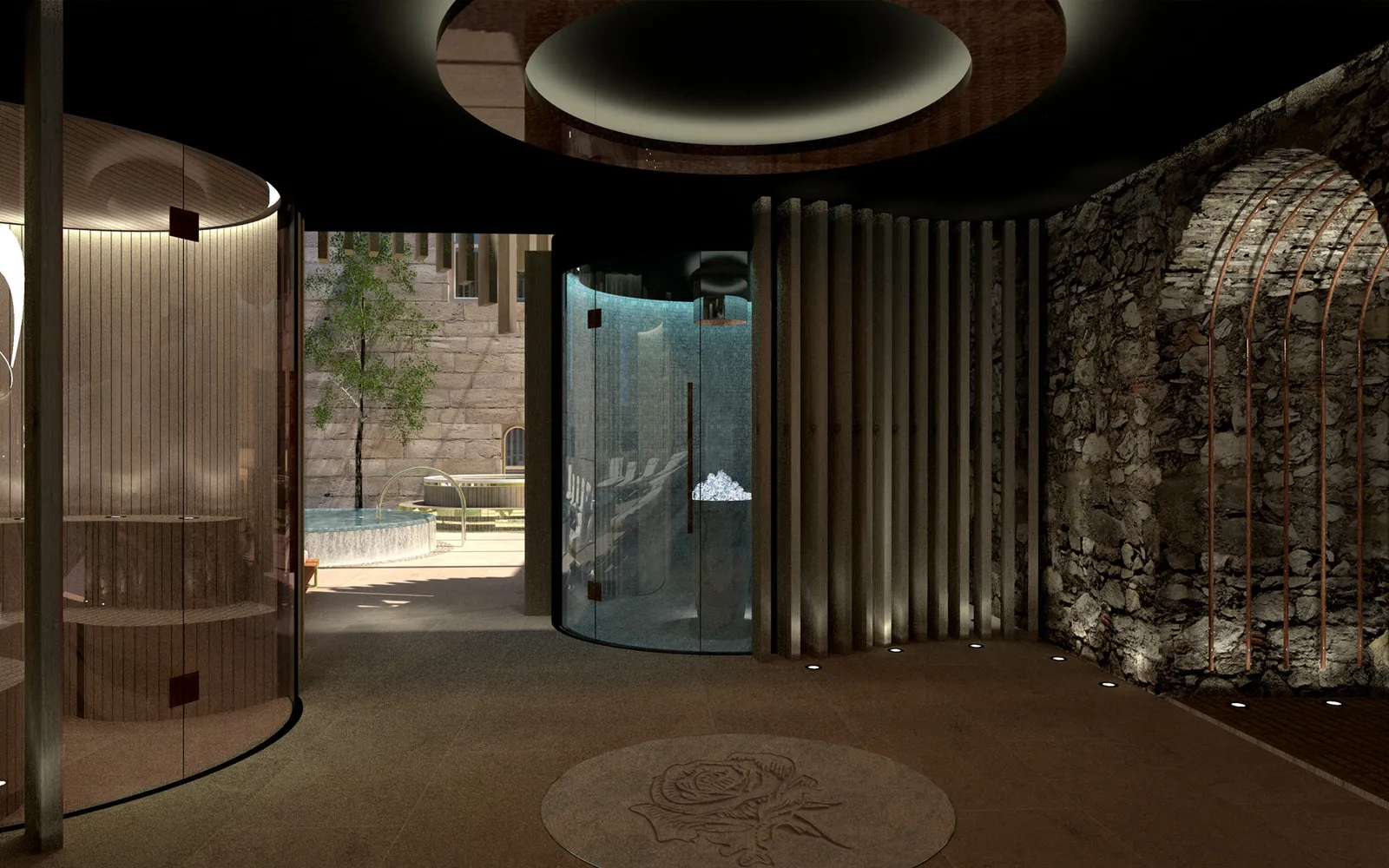 Thermal suite with cave-like structure and glass roof at historic Irish estate