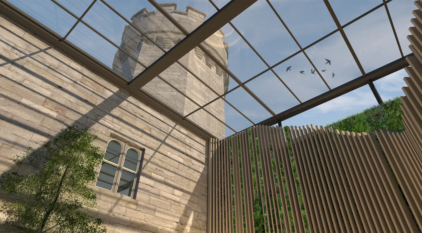 View of Dromoland Castle tower through contemporary glass roof and timber screen in luxury spa courtyard