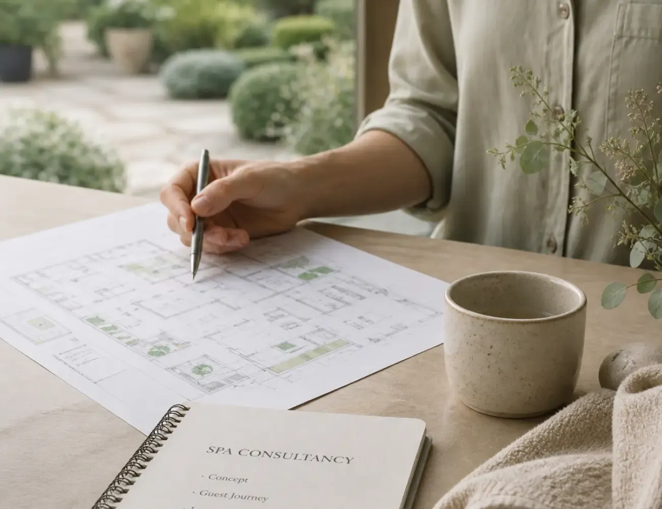 Spa consultancy and early-stage planning for a wellness space, showing layout plans, guest journey notes and natural spa details
