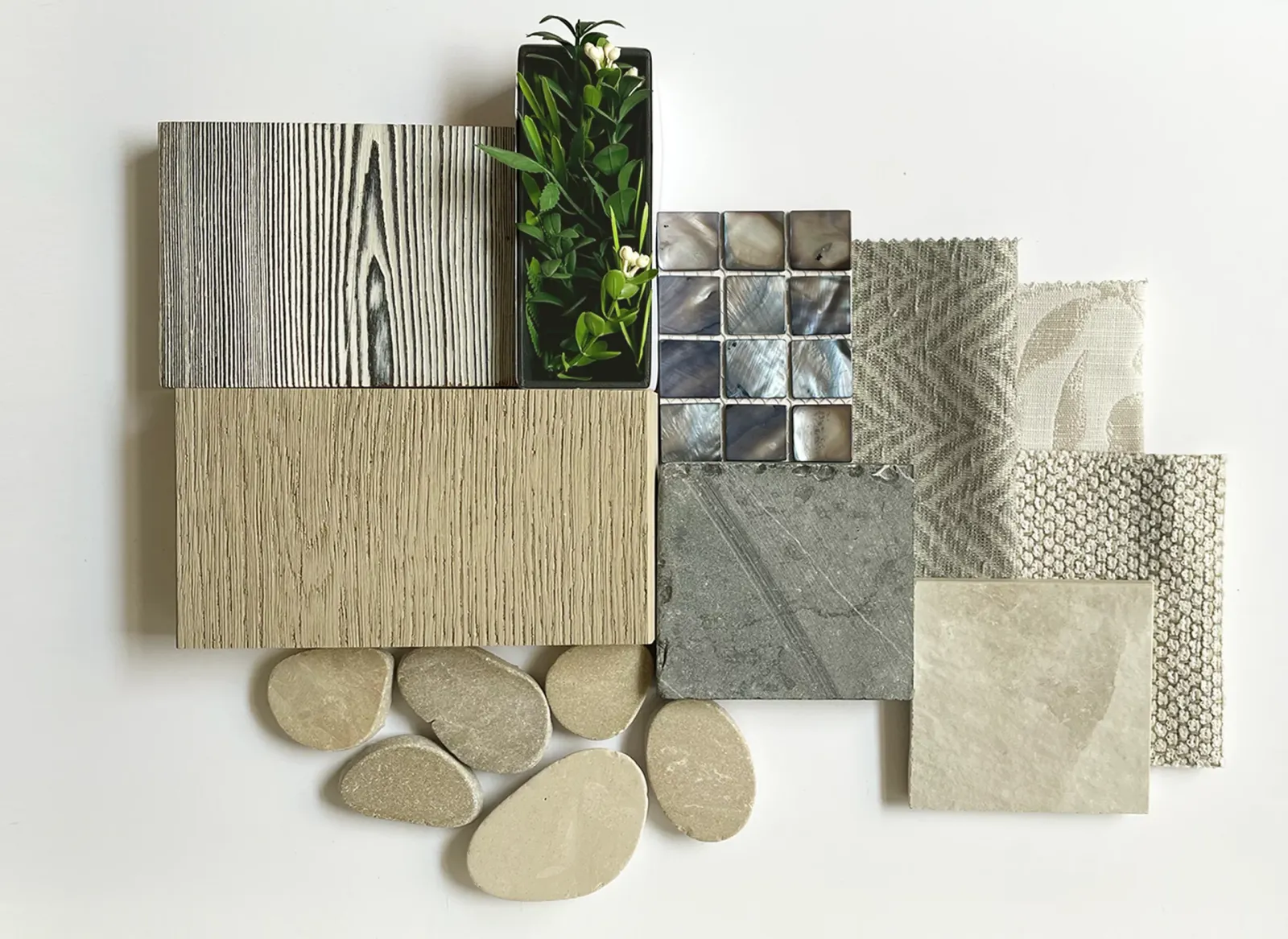 Spa design consultancy material mood board with timber, stone, textiles and natural elements