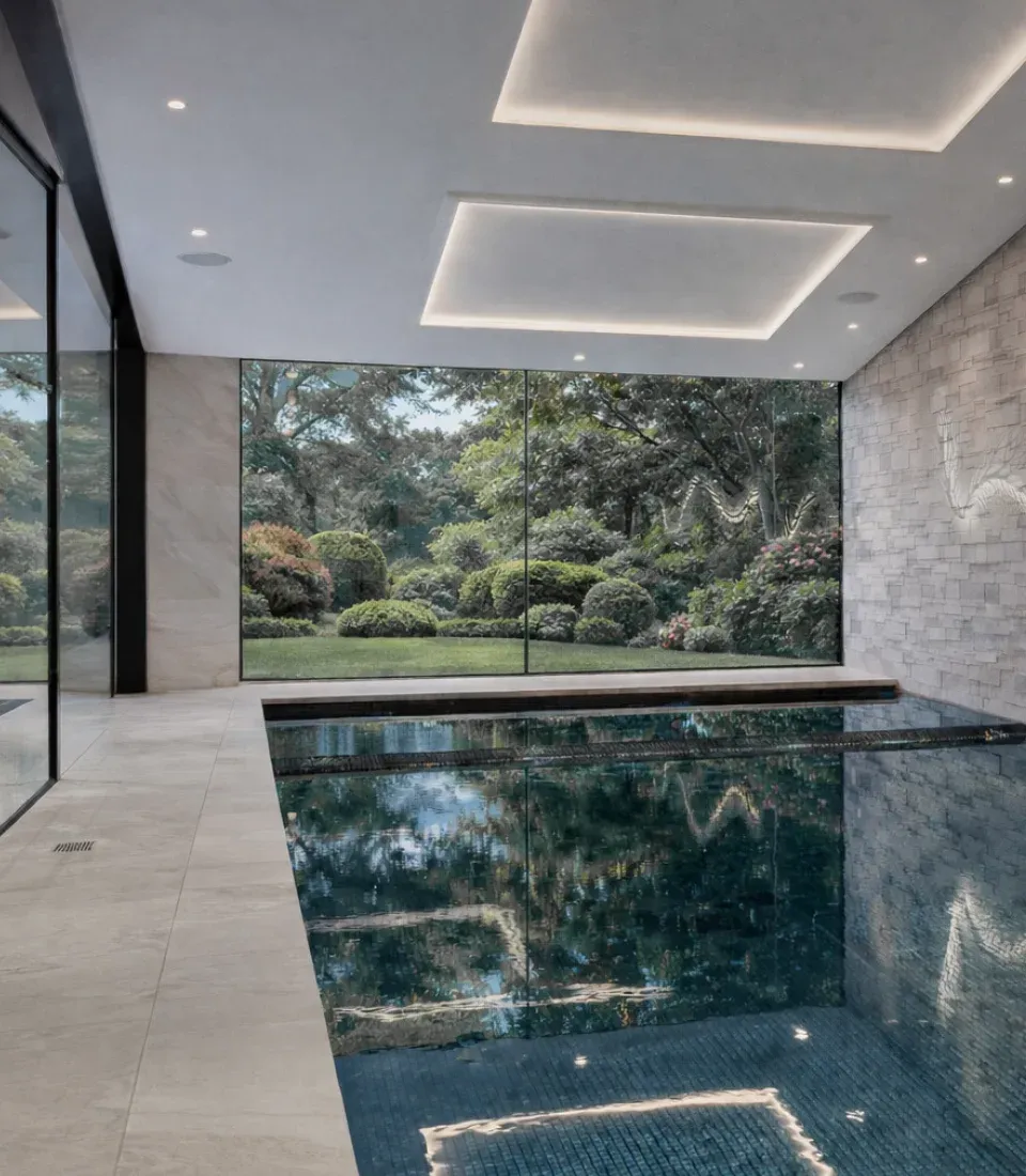 Indoor pool and spa design with floor-to-ceiling garden views, natural stone finishes and soft integrated lighting by Butterscotch Design