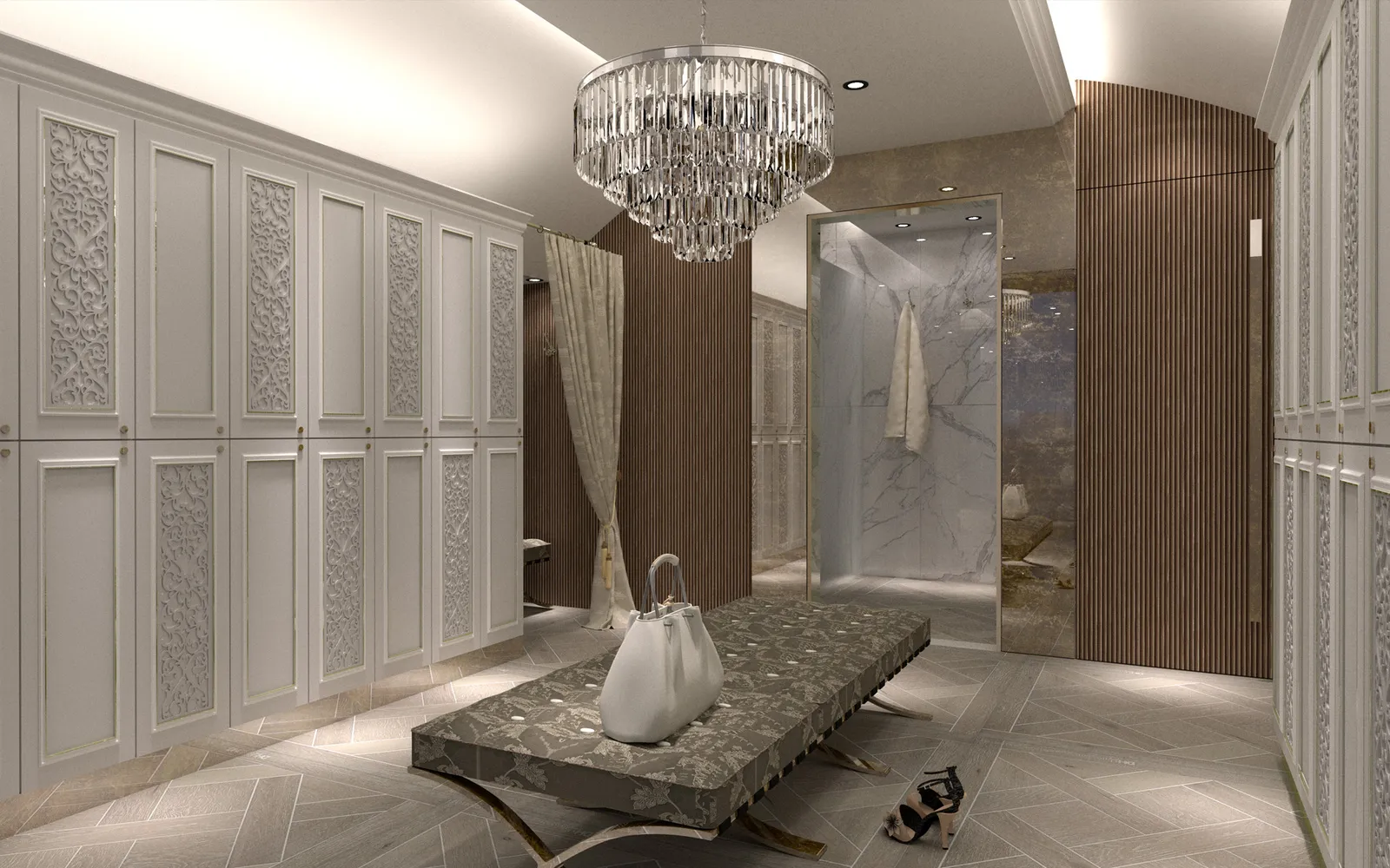 Elegant changing room at Dromoland Castle featuring bespoke laser cut faced lockers, a statement chandelier and marble finishes