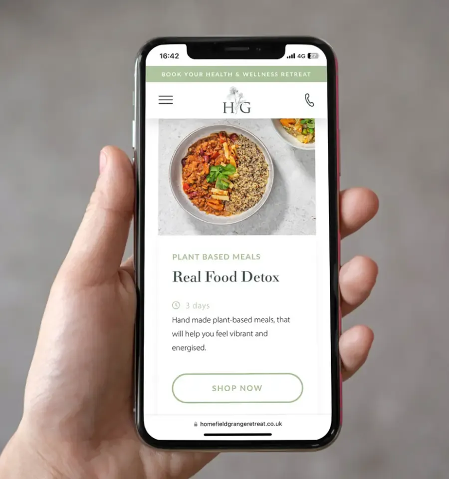 At-home detox programme from Homefield Grange shown on mobile, extending wellness retreat experience beyond the physical space