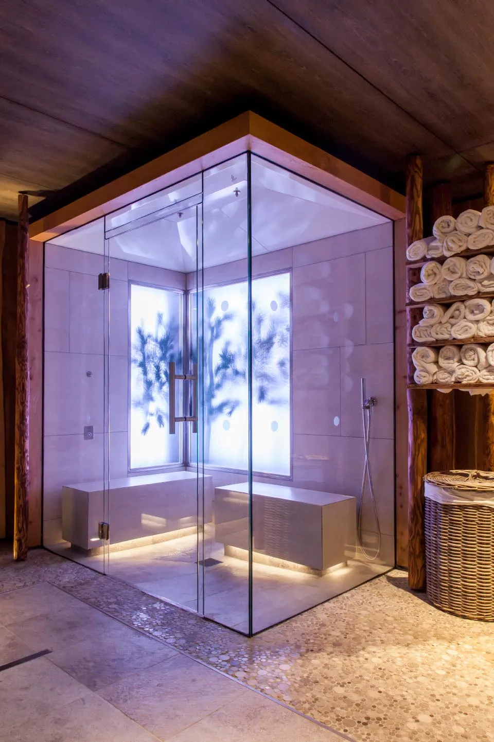 Forest-facing salt steam room offering immersive nature experience at Champneys Forest Mere spa