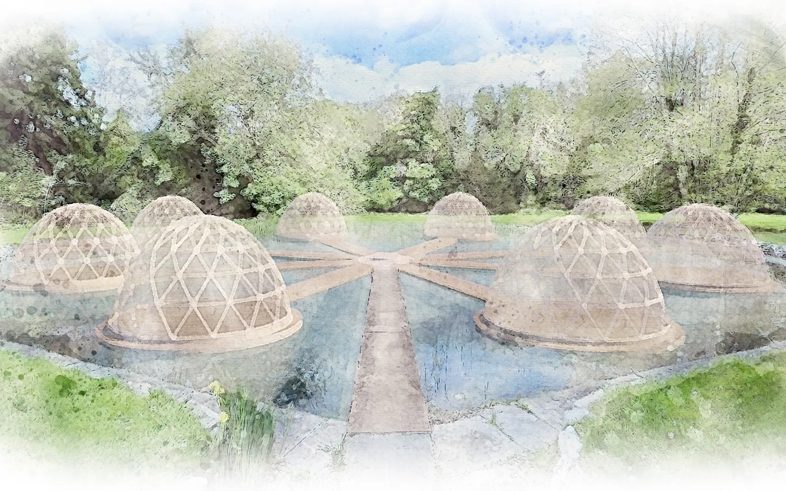 Floating meditation pod on lily pond in spa garden