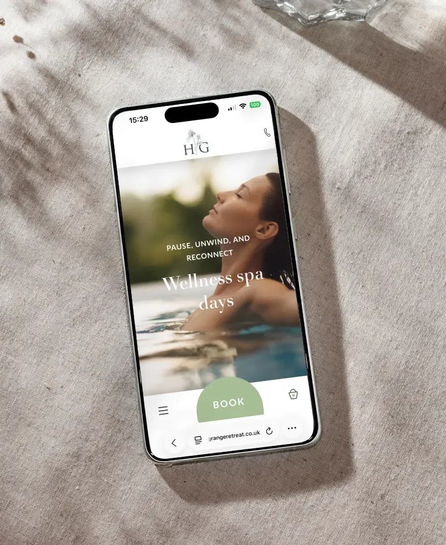 Homefield Grange day spa booking shown on mobile, supporting accessible wellness spa experiences and digital guest journey